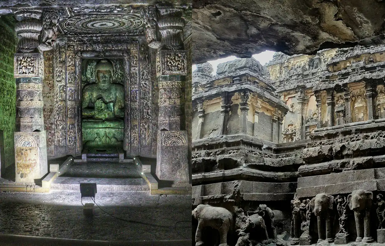 Split photo featuring a rock-cut Buddha statue shrine inside Ajanta Caves and the monolithic Kailasa Temple structure at Ellora Caves in Maharashtra India
