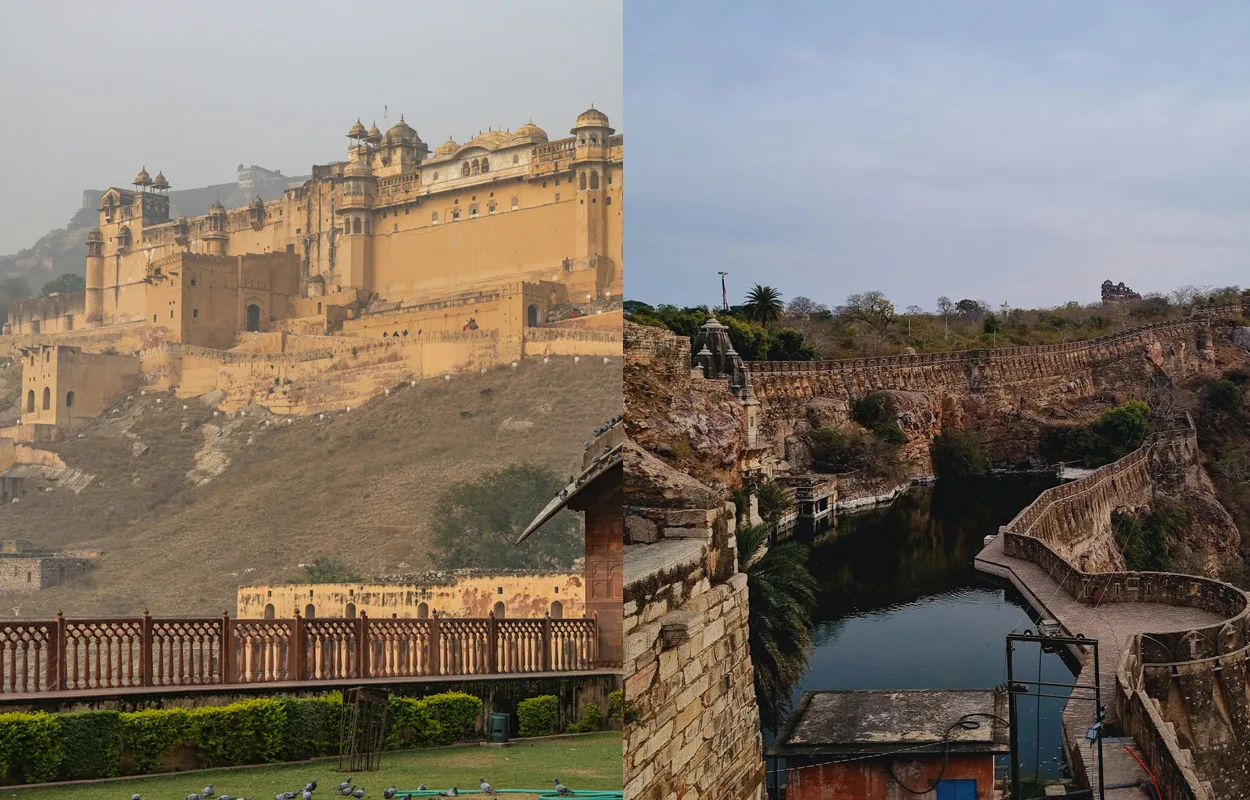 Split view of Amer Fort in Jaipur and the historic fort walls of Chittorgarh in Rajasthan India