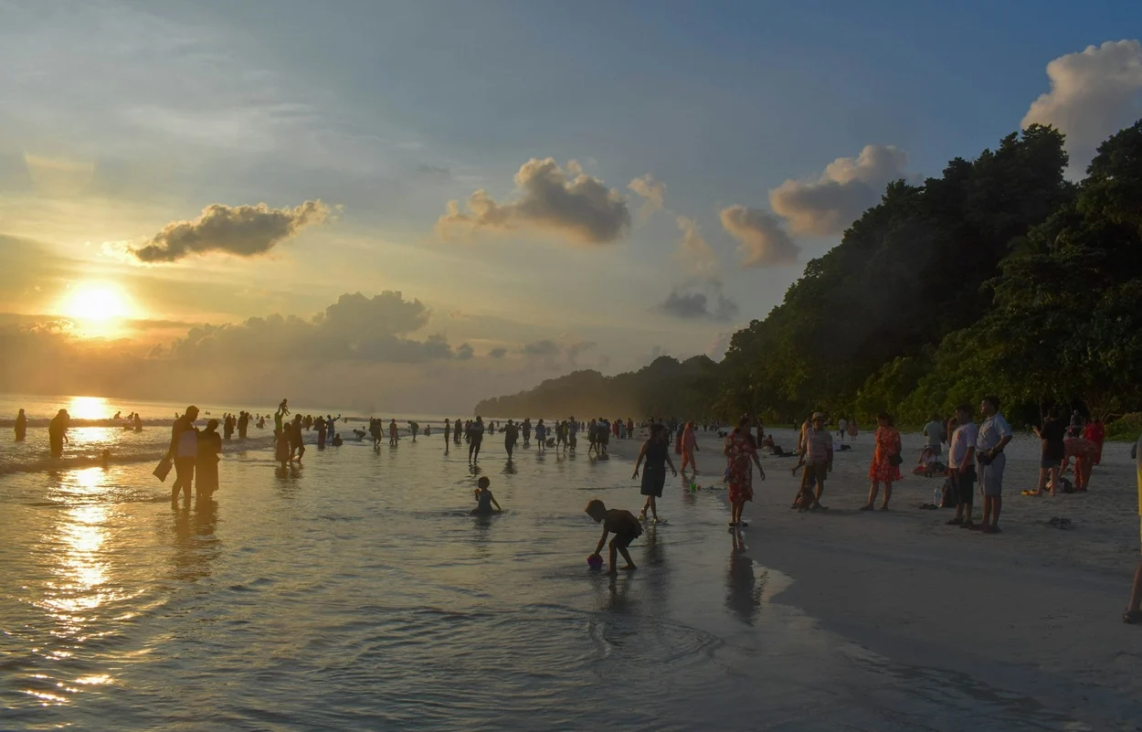 Crystal clear blue water and white sand beach at Radhanagar Beach in Andaman Islands