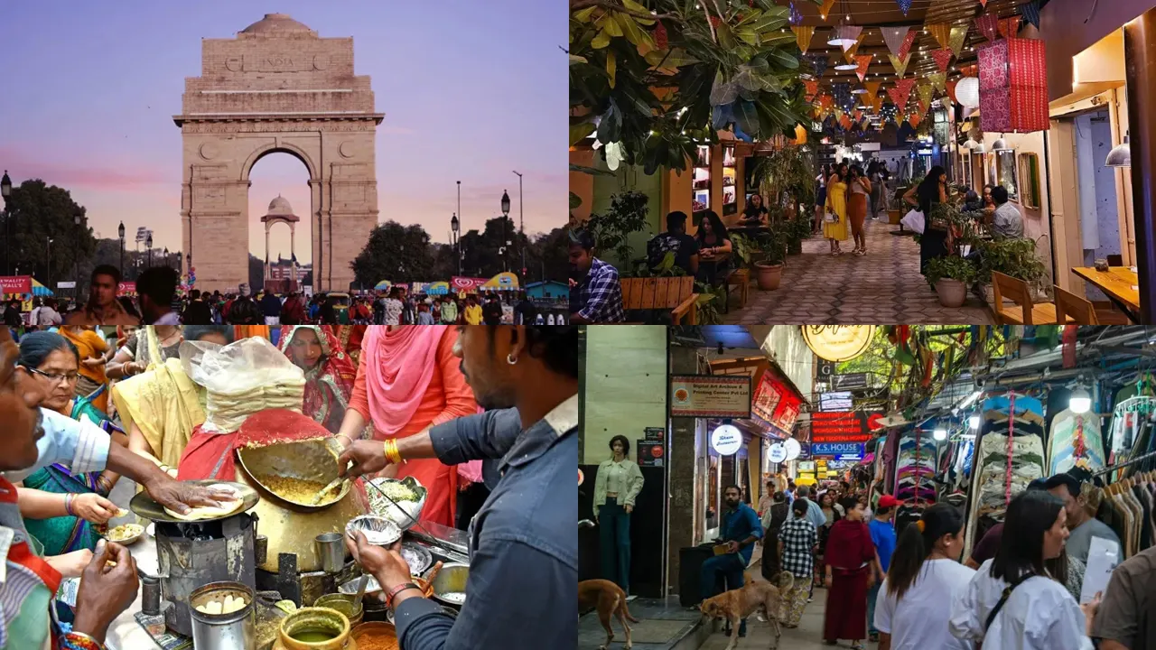 Collage of things to do in Delhi showing India Gate monument, street food vendor, local market street, and cafe.