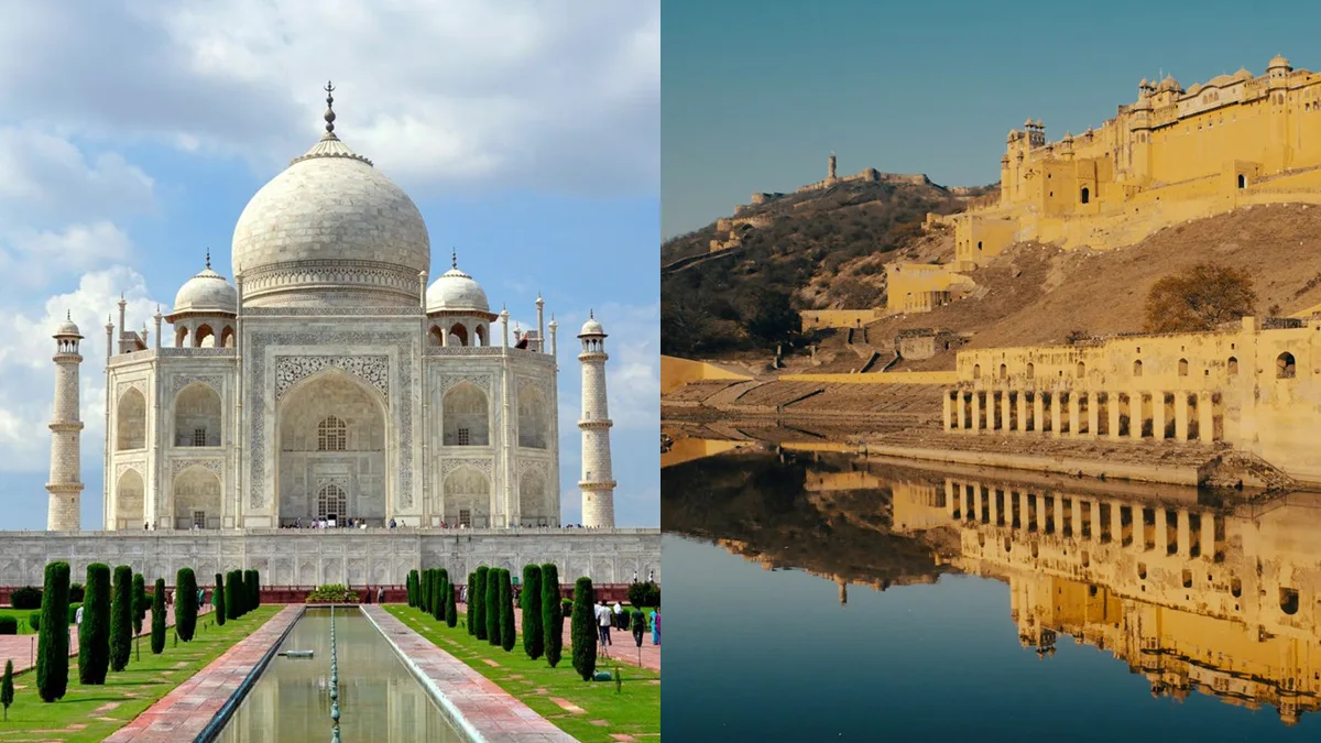 Panoramic composite view of iconic tourist cities in India including Jaipur Amer Fort and Taj Mahal