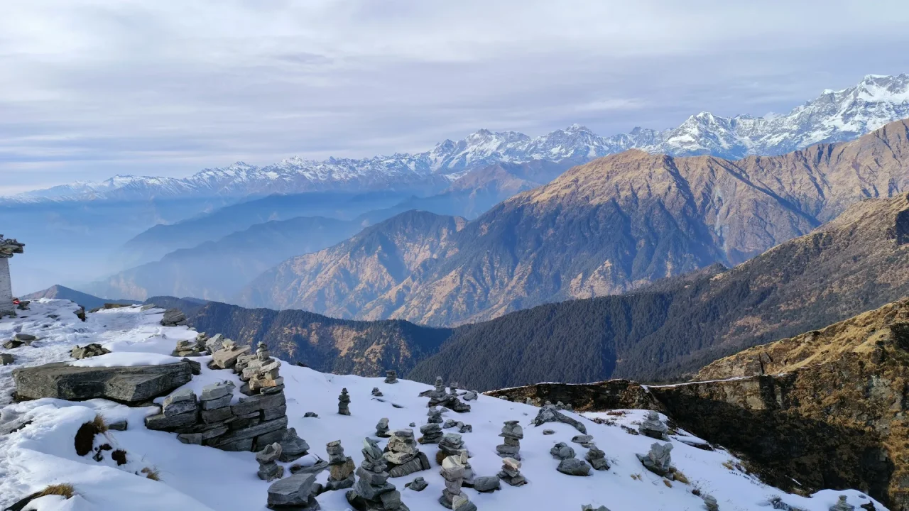 Collage of top Uttarakhand tourist places showing Nainital lake, Auli snow slopes, Rishikesh ganga aarti, and Chopta mountains.