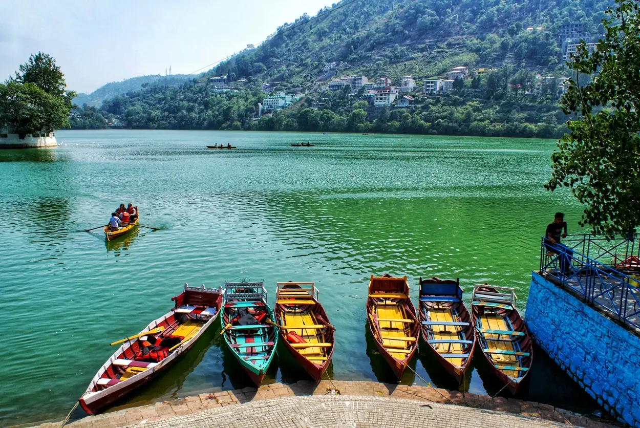 Scenic Bhimtal Lake with island temple in the center