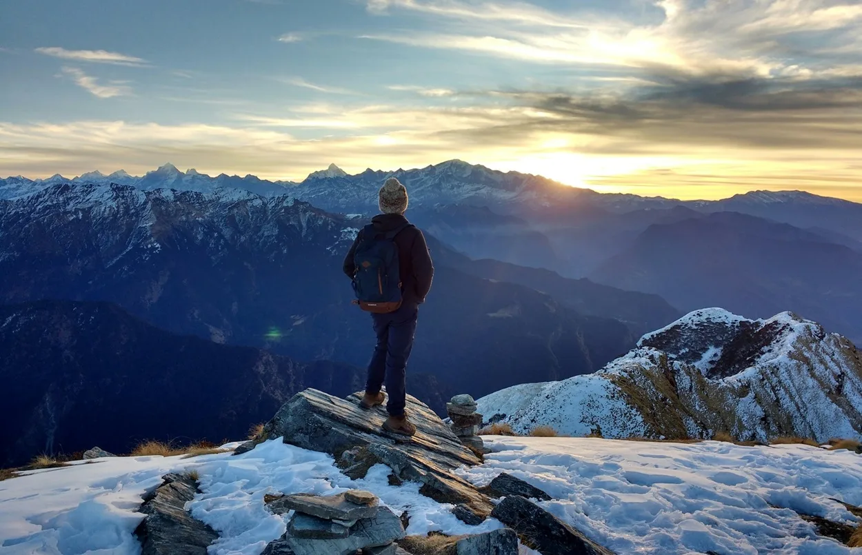 Panoramic view of Nanda Devi and Chaukhamba snow peaks visible from Chopta village