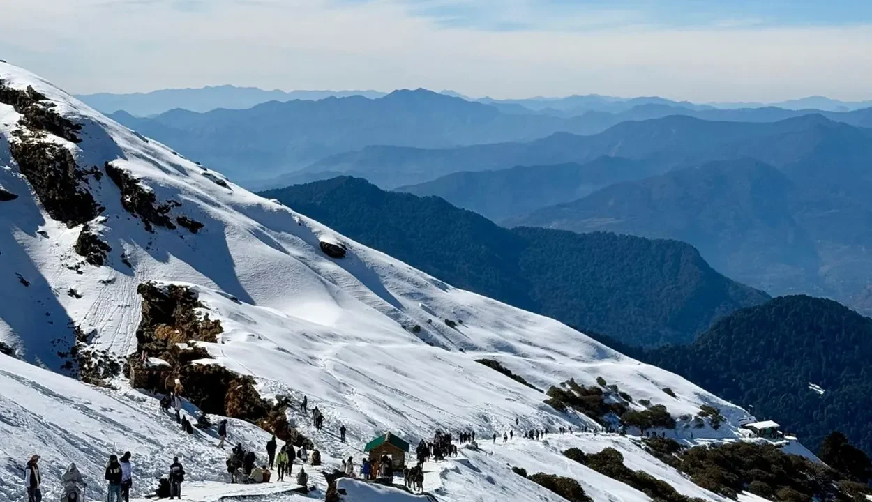 Scenic view of green lush meadows and Himalayan snow peaks at Chopta hill station Uttarakhand