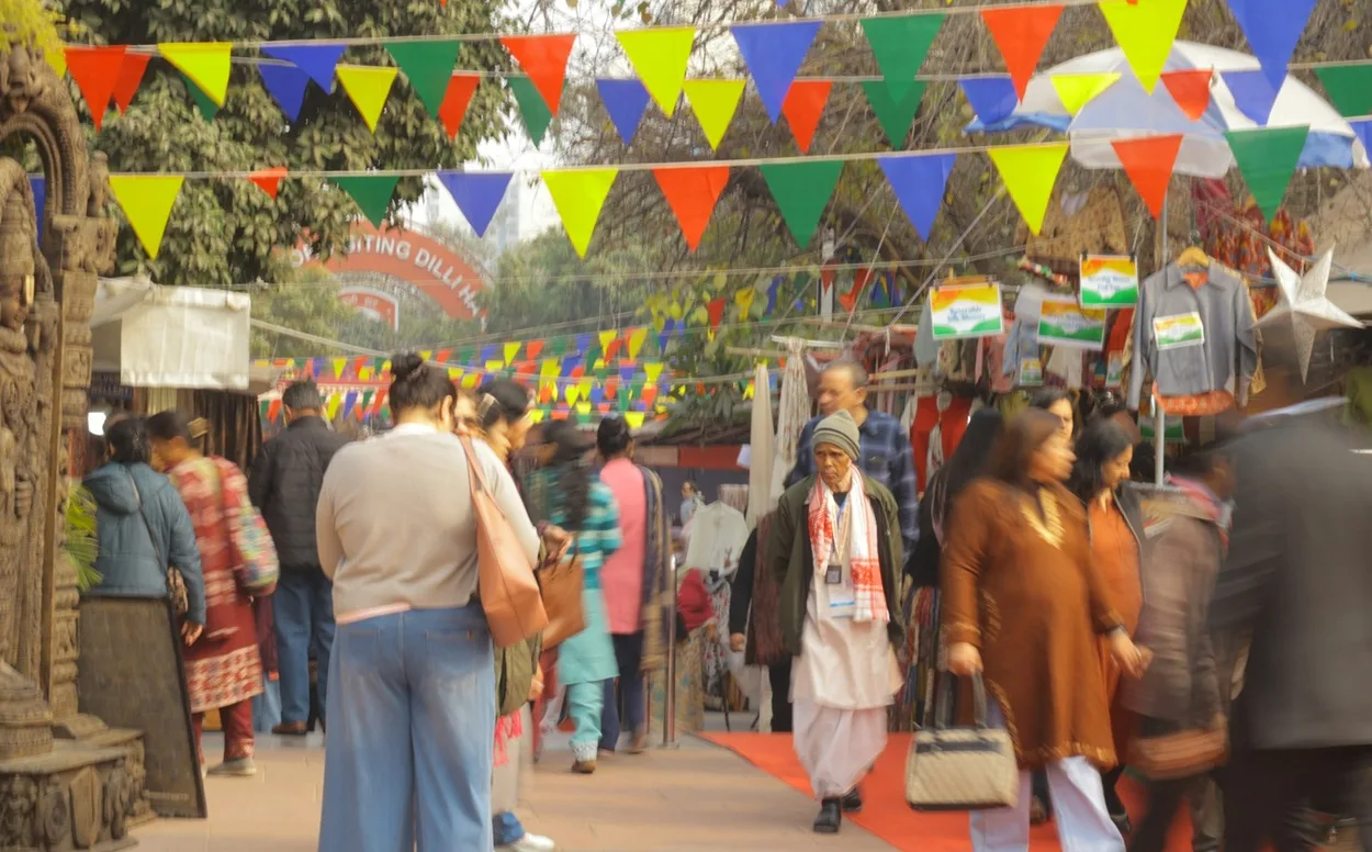 Open air crafts village courtyard at Dilli Haat INA with traditional Indian artisan shops