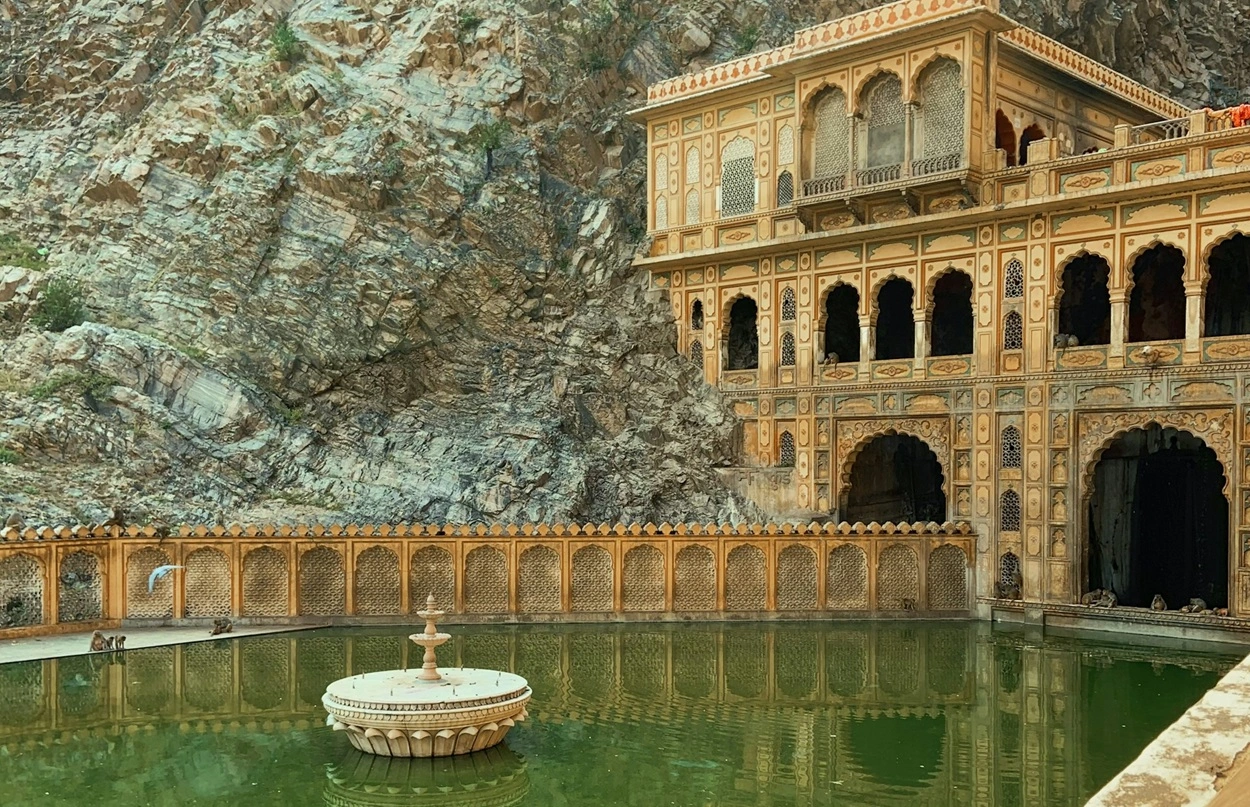 Galta Ji Monkey Temple complex nestled in the Aravalli hills valley of Jaipur