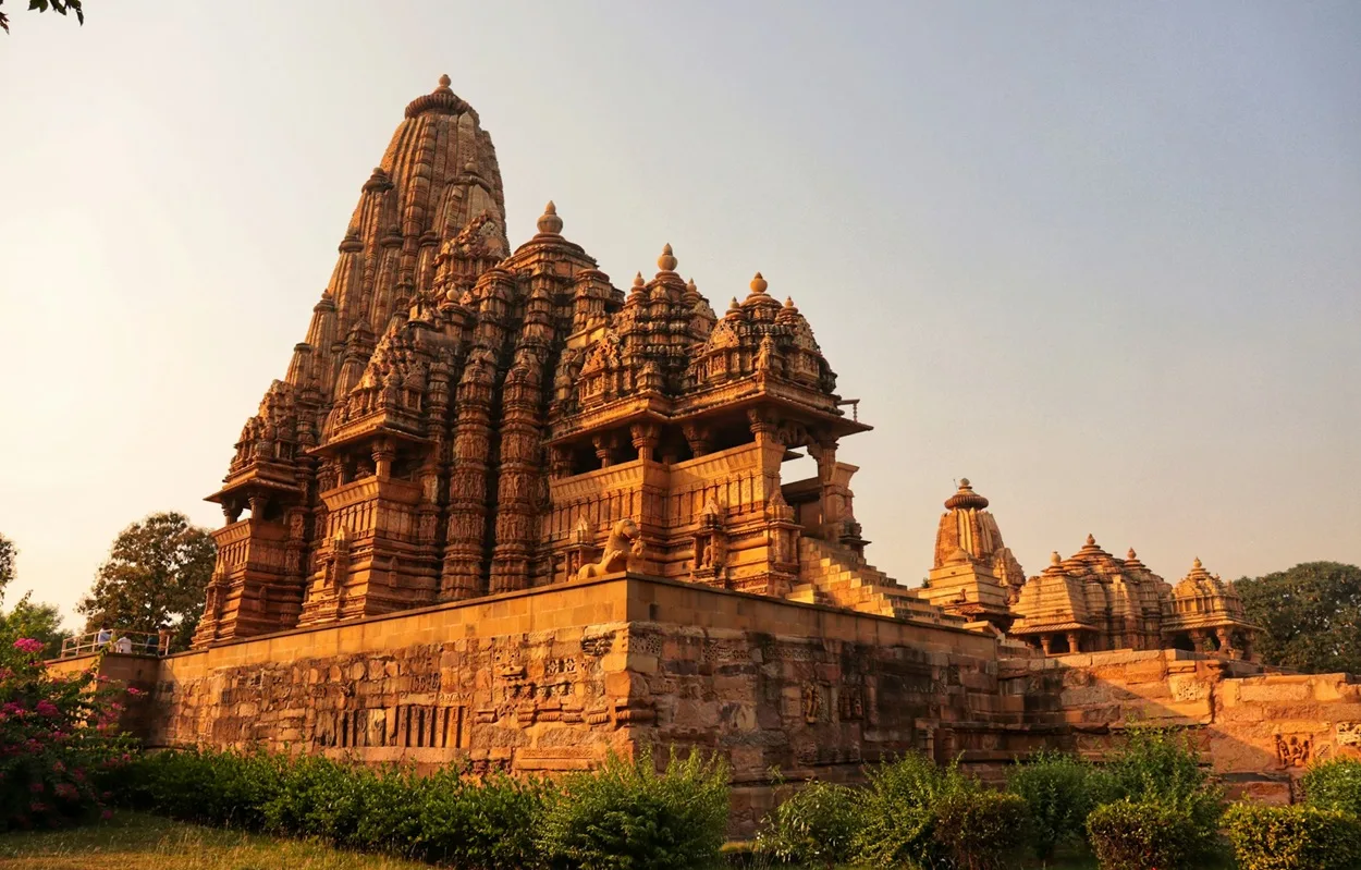 Detailed Nagara-style stone carvings on Kandariya Mahadeva Temple in Khajuraho