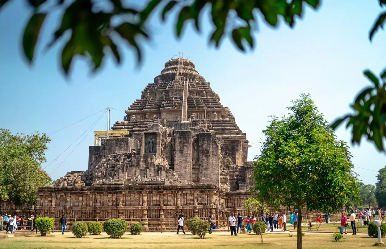 Intricately carved stone chariot wheel at Konark Sun Temple in Odisha