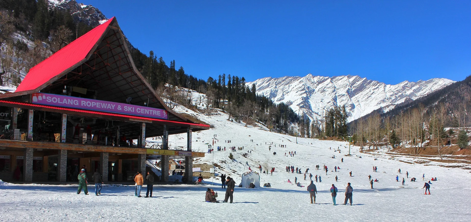 Solang Valley covered in fresh winter snow near Manali Himachal Pradesh