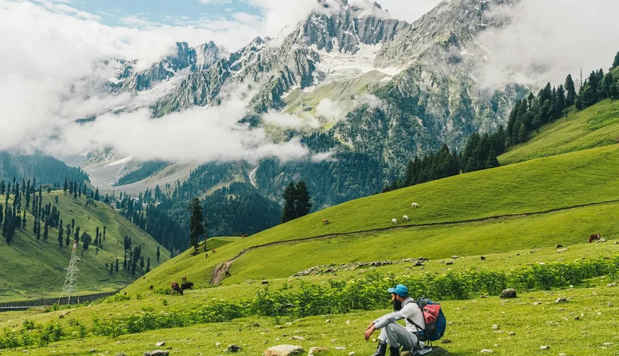 Scenic view of snow-capped Himalayan mountain peaks and green valleys in India