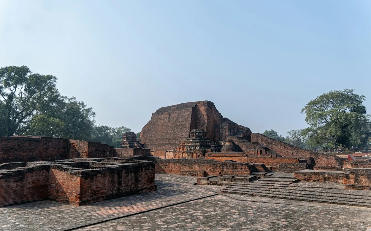 Red brick stupa and monastery ruins at ancient Nalanda Mahavihara in Bihar