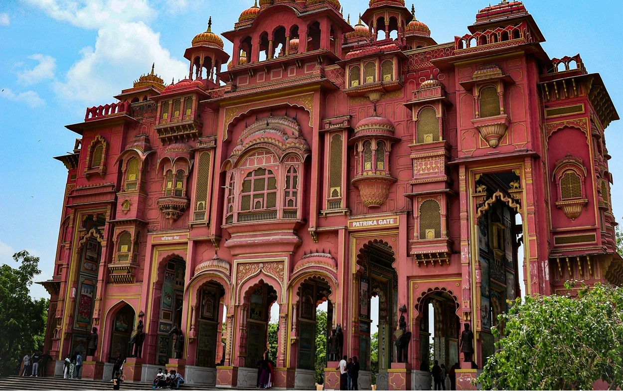 Vibrant hand painted colorful arches inside Patrika Gate Jawahar Circle Jaipur