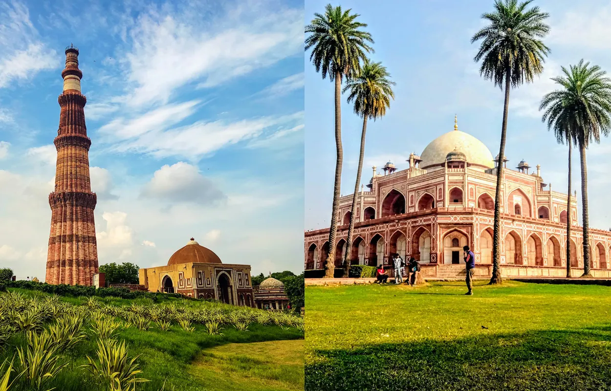 Split photo showing the historic Qutub Minar minaret and the domed Humayun's Tomb with garden and palm trees, two major UNESCO World Heritage Sites in Delhi India