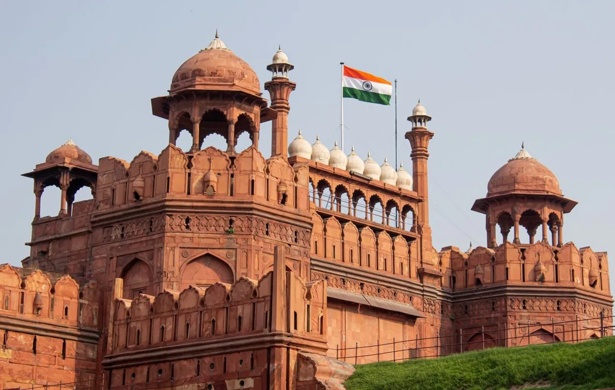 Red sandstone fort walls and entrance gate of the historic Red Fort in Old Delhi