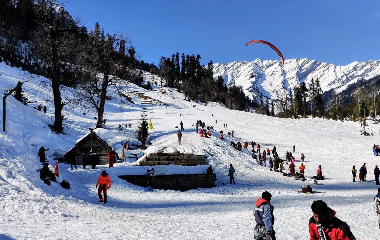 Scenic view of Himalayan valley and pine forests in Shimla and Manali Himachal Pradesh