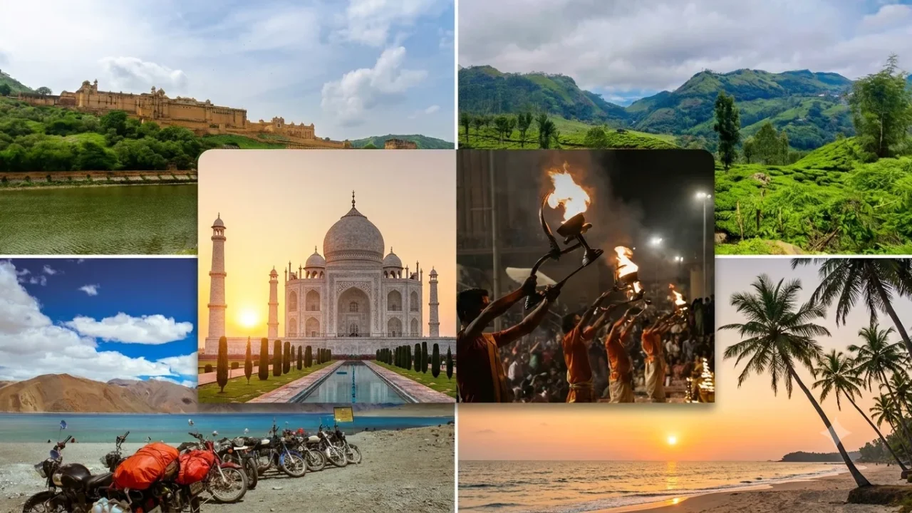 A vibrant collage of top famous places in India including Taj Mahal, Varanasi Aarti, Jaipur Fort, Munnar Tea Gardens, and Goa Beach.