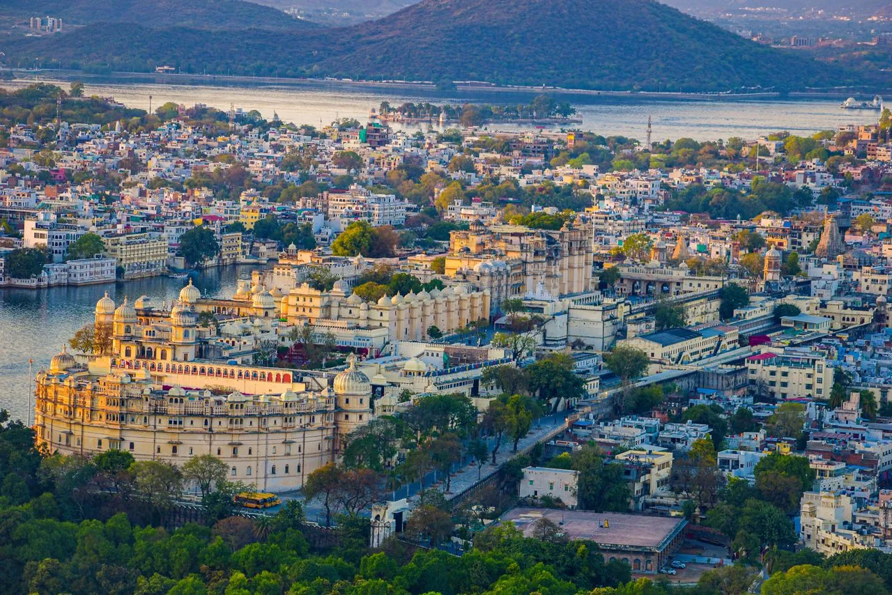 Grand City Palace architecture on the banks of Lake Pichola in Udaipur Rajasthan