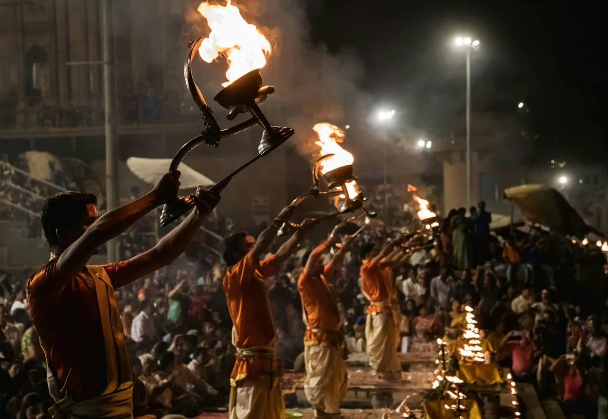 Spiritual evening Ganga Aarti ceremony at Varanasi Ghats along the Ganges river in India