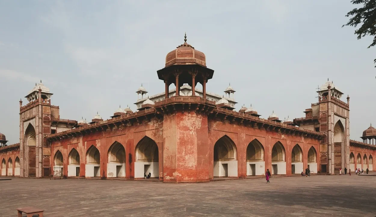 Main red sandstone mausoleum structure at Akbars Tomb Sikandra Agra