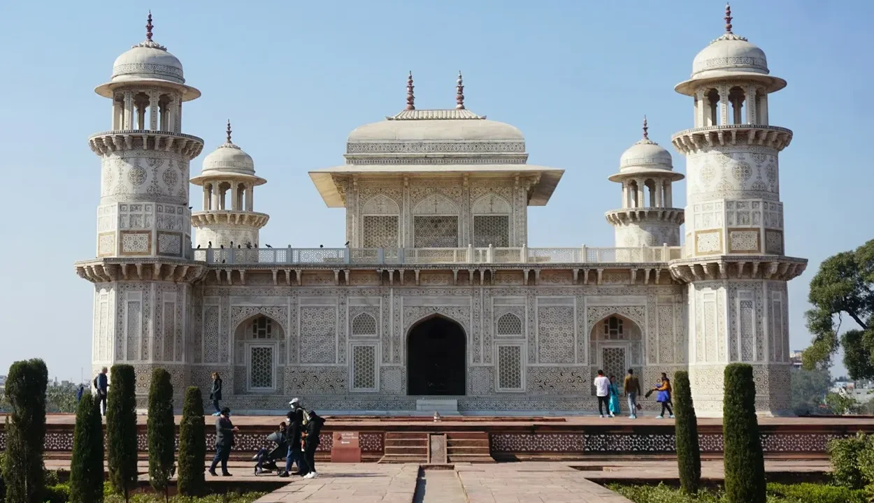 Itmad-ud-Daulah Tomb front view surrounded by gardens in Agra India