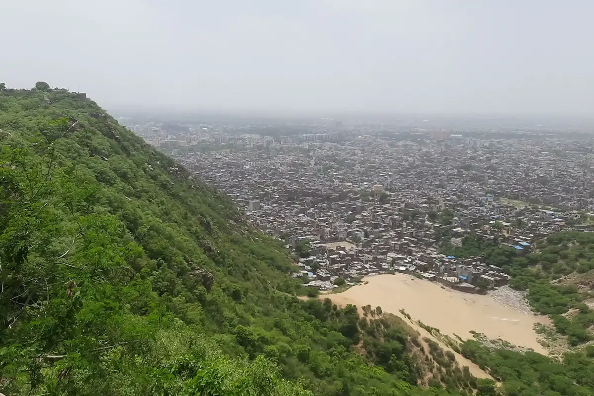 Panoramic view of Jaipur city and Aravalli hills from the ramparts of Nahargarh Fort taken on 12 July 2026